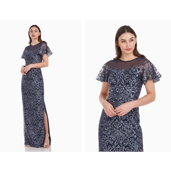 JS Collections Blue Metallic Illusion Yoke Scroll Embroidered Gown NWOT Size 2 - Picture 2 of 13